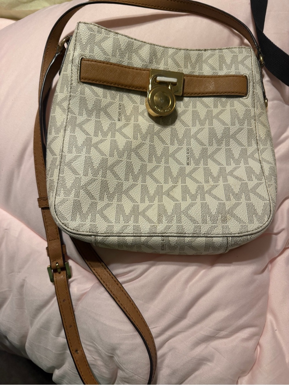 Michael Kors Ivory Logo Canvas Crossbody with Brown Leather Trim
